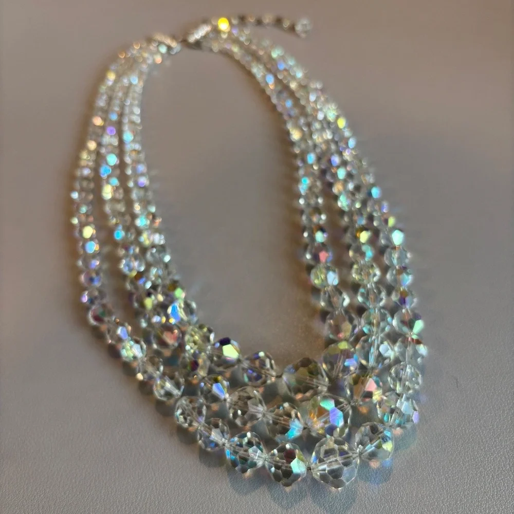 Vintage Aurora Borealis AB Crystal Glass Bead Multi 3 Strand Necklace